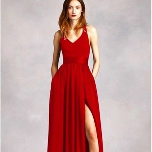 Vera Wang Halter V Neck Gown with Sash